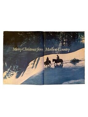1970 Marlboro Merry Christmas Print Ad Horseback Pine Tree Snow Mountains Retro